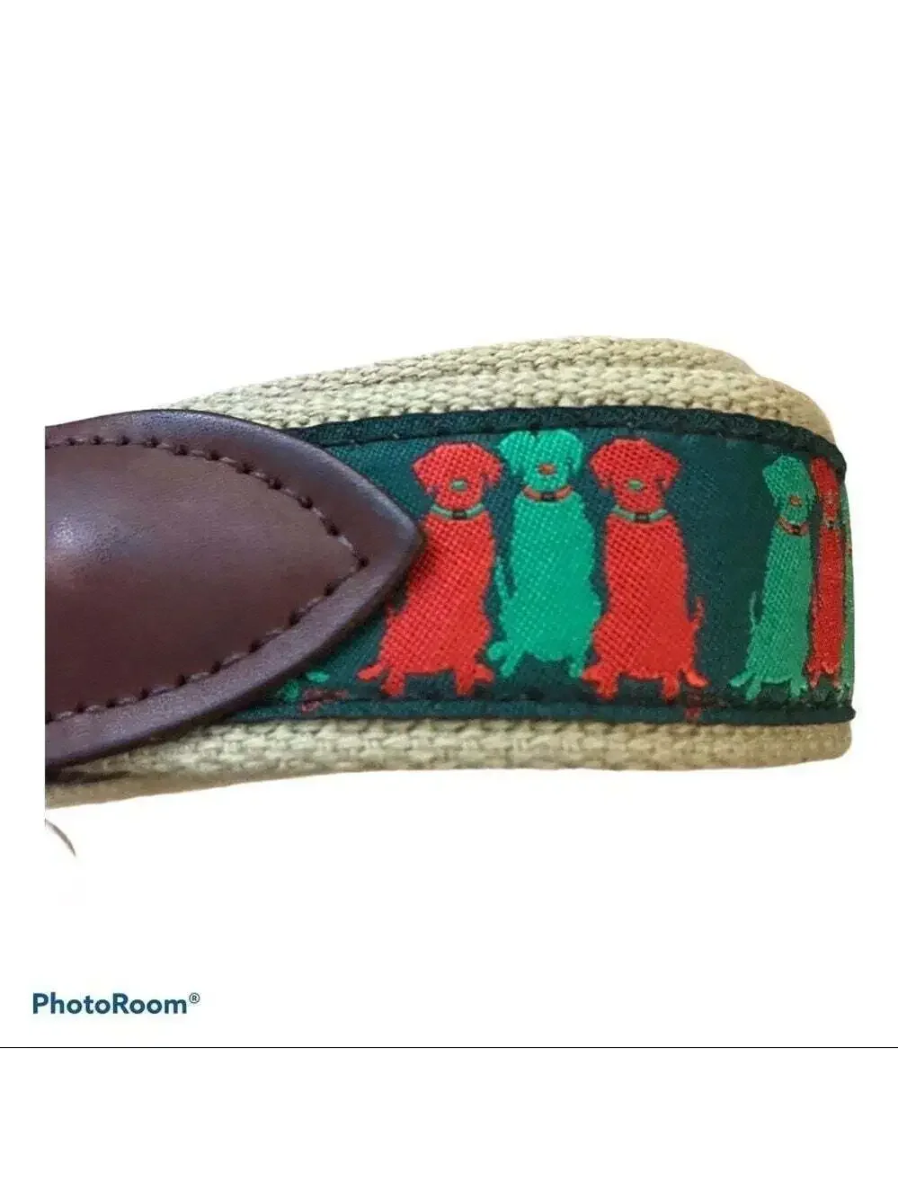 The Belted Cow Three Wise Labs Dog Belt Red Green Leather Trim Preppycore